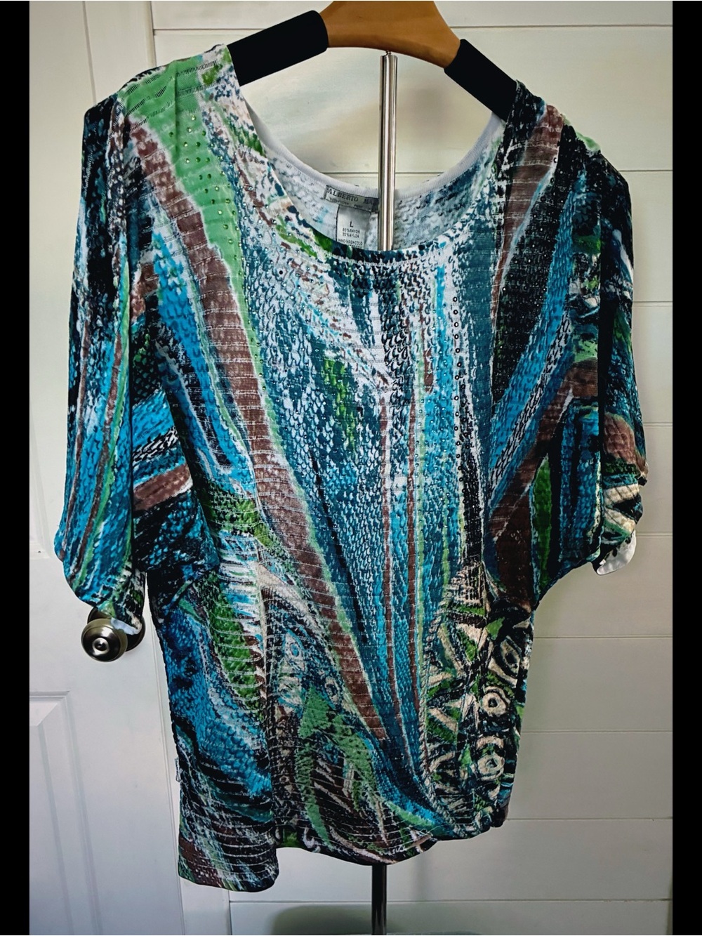 Alberto Makali Blue, Green & Brown Abstract Short Sleeve Top - Picture 7 of 8